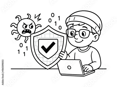 Hacker vs Virus Battle. Hacker and defender characters children?s coloring book illustration, outlined drawing, friendly white-hat hacker blocking a sneaky