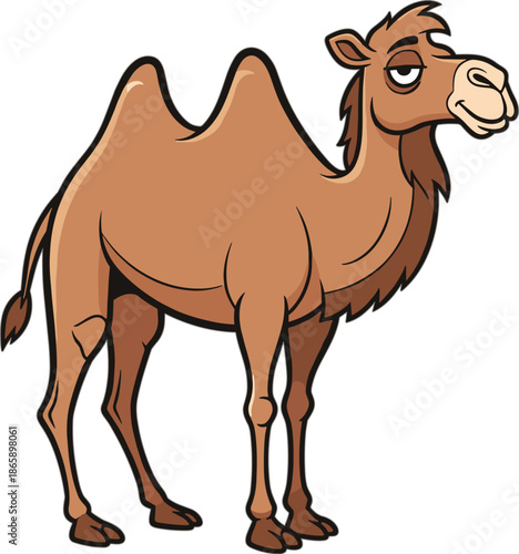 Cartoon Bactrian camel with two humps, relaxed expression, desert animal concept, stylized wildlife character, educational theme - flat vector illustration