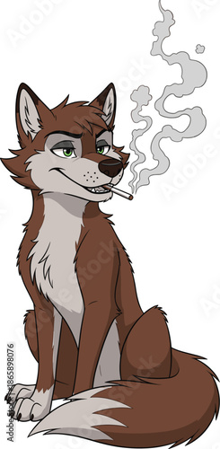 Anthropomorphic wolf character with cigarette, smug expression, stylized animal attitude, brown fur, confident pose, expressive face - flat vector illustration