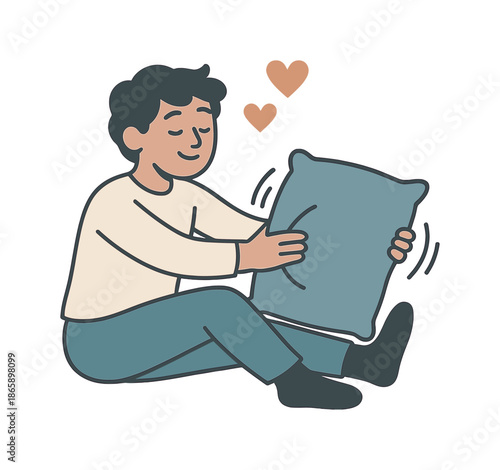 Comfort with Pillows. Finding the comfiest spot. A character shifts a pillow side to side, motion lines forming a soothing rhythm. Floating heart icons show