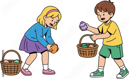 Children collecting Easter eggs in baskets, festive spring activity, cheerful holiday tradition, colorful hunt scene, outdoor celebration - flat vector illustration