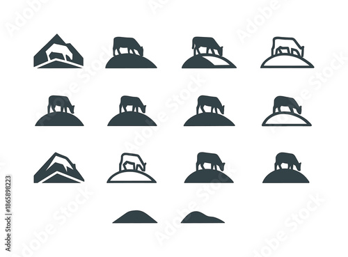 Hill Logo Variations. Hill. Icon set. Set Logo of Hill: grazing silhouette on hill. harmonious logo variations of the same emblematic concept, each with