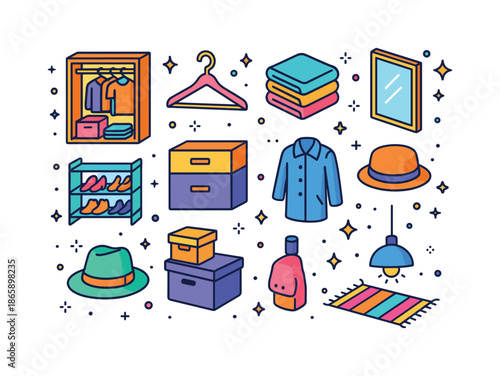Closet Makeover Icons. Closet makeover. Colorful isometric vector icons set of closet makeover: open closet, hanger, folded clothes, mirror, shoe rack, boxes,
