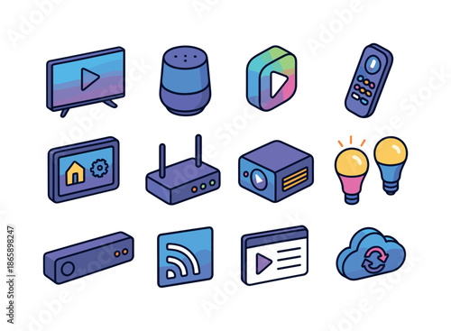 Smart Home Icons. smart home entertainment. Colorful isometric vector icons set of smart home entertainment: smart TV, smart speaker, streaming app icon, voice