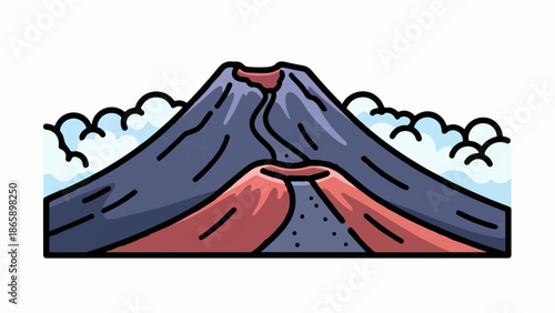 Cartoon illustration of a volcano with lava flows and clouds in the sky
