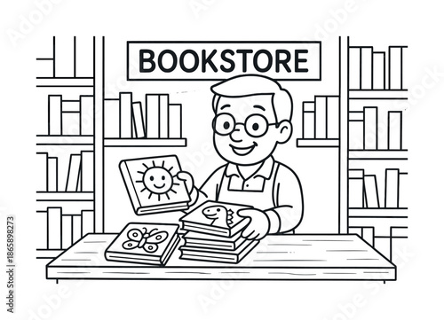 Friendly Bookstore Scene. Bookstore owner behind counter children?s coloring book illustration, outlined drawing, smiling owner stacking cartoon books on a