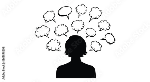 A person s head with multiple thought bubbles surrounding it depicted in a striking black silhouette