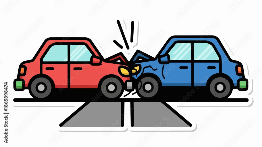 Naklejka premium Cartoon of a red and blue car in a head-on collision on a road