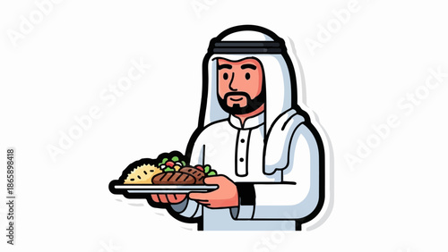 Cartoon man in traditional attire presents a plate of food