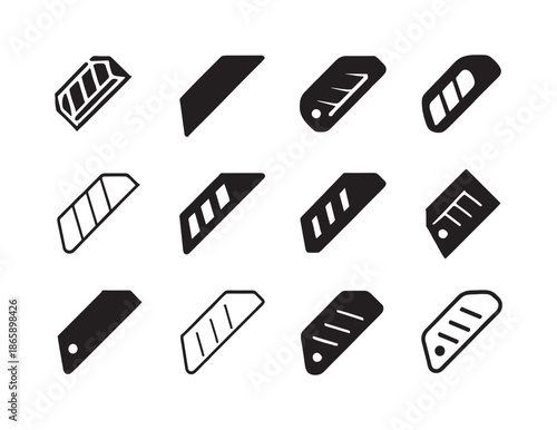 Sharp Tools Icons. Sharp tools. Icon set. Set Logo of sharp tools: box cutter blade. harmonious logo variations of the same emblematic concept, each with
