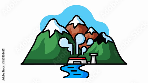 Cartoon of a geothermal plant in a mountainous landscape with a river