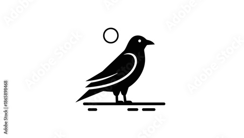 A black bird perched on line.