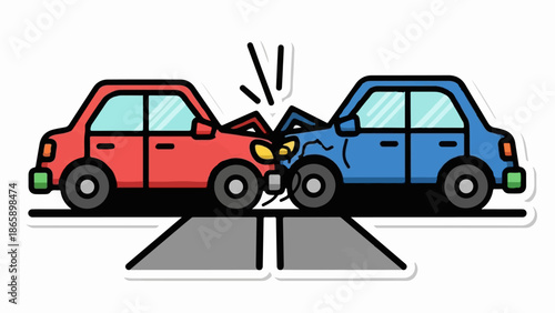 Cartoon of a red and blue car in a head-on collision on a road