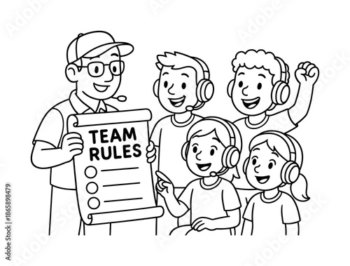 Esports Team Rules. Esports team meeting children?s coloring book illustration, outlined drawing, a group of cheerful players and coach looking at a large
