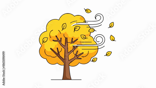 Cartoon of a tree with yellow leaves blowing in the wind
