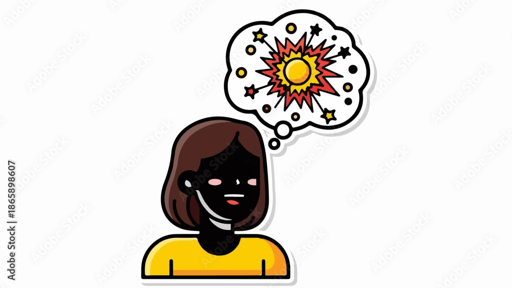 Naklejka premium Cartoon person wearing headset, thinking of an explosion