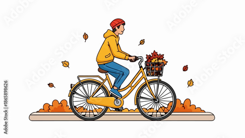 Person riding a yellow bicycle with a basket of leaves