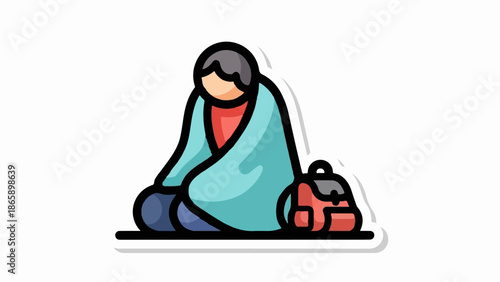 Cartoon person wrapped in a blanket with a backpack, sitting
