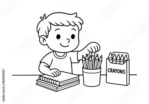 Colorful Supplies Organizer. Organizing supplies children?s coloring book illustration, outlined drawing, child placing pencils, notebooks, and crayons into