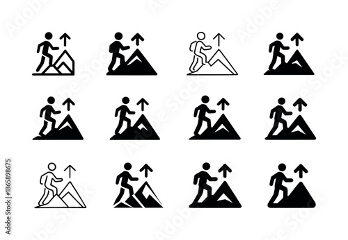 Mountain Hiking Logos. Hiking up a mountain. Icon set. Set Logo of hiking up a mountain: elevation gain arrow with mountain layers. harmonious logo variations