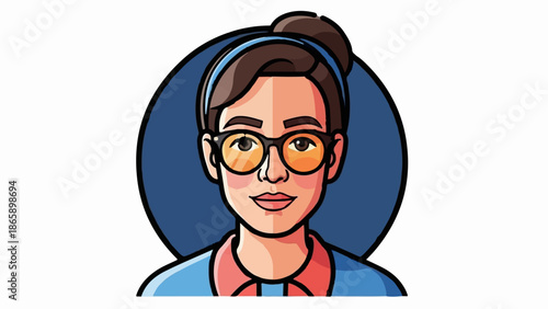 Cartoon portrait of a smiling person wearing glasses and a headband