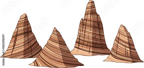 Layered rock formations with sediment striations, desert geology concept, stylized hoodoo shapes, natural erosion texture, educational terrain model - flat vector illustration