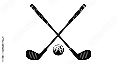 a striking visual of two crossed golf clubs with a golf ball centered between them silhouette