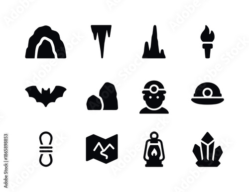 Cave Icon Set. Cave. Solid icon set of Cave: cave entrance, stalactite, stalagmite, torch, bat, rock, explorer, helmet, rope, map, lantern, crystal. Filled
