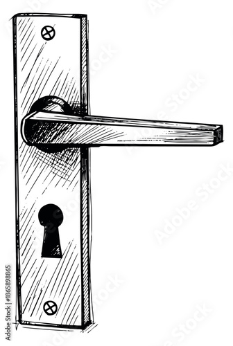 Hand drawn line art illustration of a door handle with a keyhole depicting a locking mechanism for home security