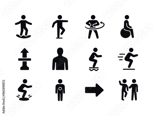 Stability Exercise Icons. Stability exercises. Solid icon set of Stability exercises: balance board, single-leg stance, core twist, stability ball, control