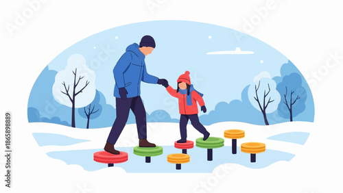 Father and child navigate stepping stones in a snowy park, winter fun
