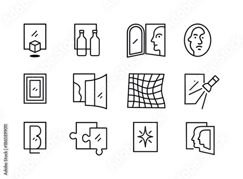 Mirror Illusion Icons. Mirror illusions. Line icon set of mirror illusions: floating reflection, duplicated object, mirrored doorway trick, distorted face,