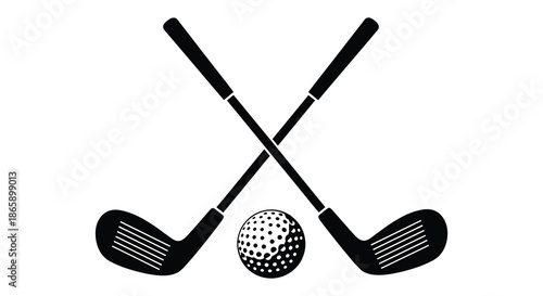 a striking black and white image depicting crossed golf clubs with a golf ball silhouette