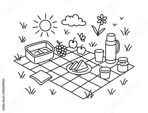 Picnic Doodle Art. Picnic in the grass. Hand-drawn doodle illustration Picnic in the grass blanket pattern, snack box, grapes, apples, thermos, water cup,