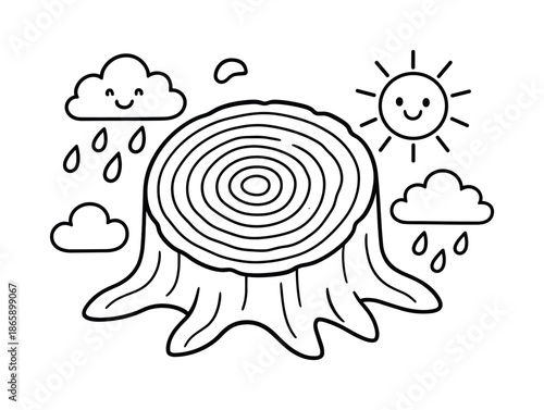 Tree Rings Weather Colors. Weather patterns in tree rings children?s coloring book illustration, outlined drawing, tree stump with rings and small cartoon