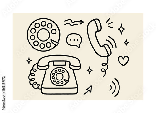 Vintage Tech Doodles. Old tech icons. Hand-drawn doodle illustration Old tech icons rotary dial, handset, phone base, signal lines, sparkles, coiled cable,