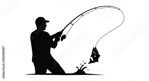 A fisherman casting a line and catching a fish depicted in a striking black silhouette