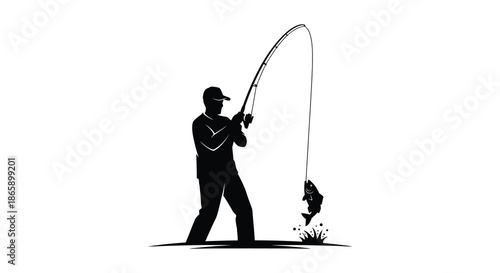 a lone fisherman stands poised with a fishing rod a fish caught on the line silhouette