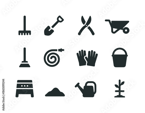 Black Garden Icons. Garden maintenance. Solid icon set of garden maintenance: rake, shovel, pruning shears, wheelbarrow, broom, hose, gloves, bucket, compost