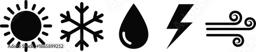 Weather icons used in weather forecasts, apps, and air conditioning remotes. Sun, snowflake, water droplet, thunderbolt and wind lines vector illustration 
