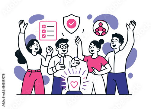 Ethical Innovation Celebration. Ethical product launch. A team stands around a glowing prototype with floating checklist, shield, and community icons