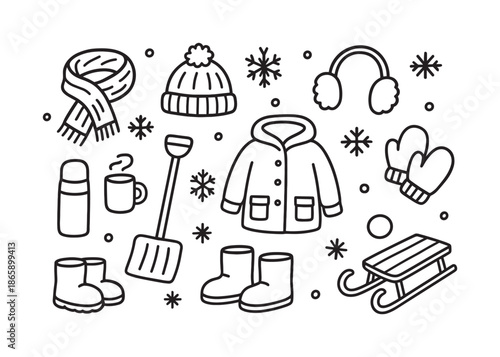 Winter Accessories Doodle. Winter accessories. Hand-drawn doodle illustration winter accessories scarf, hat, mittens, earmuffs, boots, coat, snowflakes,