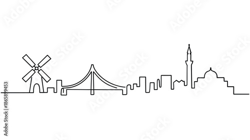 City skyline with windmill and iconic buildings landscape