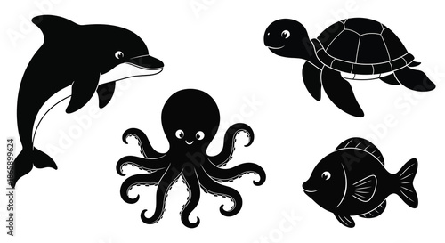 A charming collection of marine life including a dolphin turtle octopus and fish silhouette high quality