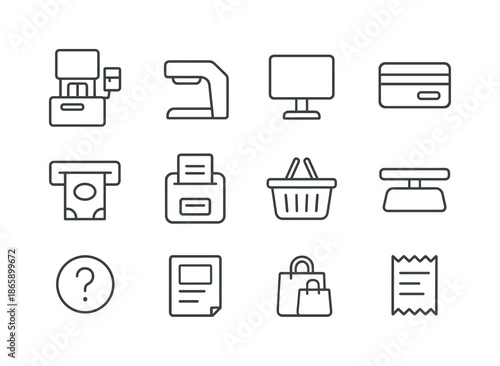 Self-Checkout Icon Set. Self-checkout. Line icon set of self-checkout: self-checkout station, scanner, screen, card slot, cash slot, printer, shopping basket,
