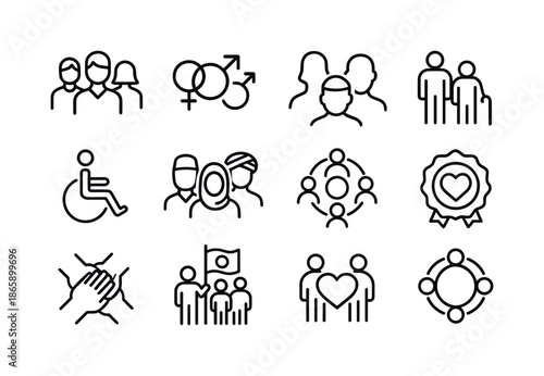 Inclusive Leadership Icons. Inclusive leadership ? Team Diversity. Line icon set of Inclusive leadership ? Team Diversity: group of people, different gender