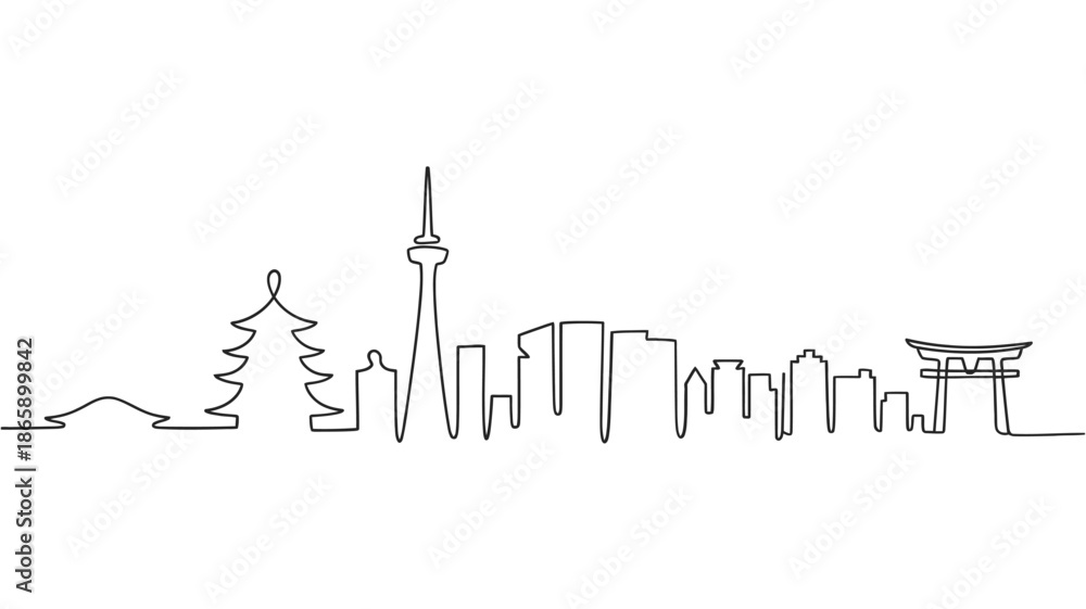 Fototapeta premium Black and white illustration of toronto city skyline with famous landmarks
