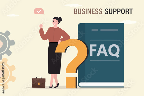 Business support. FAQ, business assistance. Businesswoman standing near question mark and guide book. Collaboration, support and partnership. Hotline, customer service