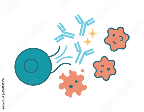 B-Cell Antibody Release. Antibody production. A B-cell releases glowing Y-shaped antibodies, spark icons clustering around invading shapes. Gentle curves show