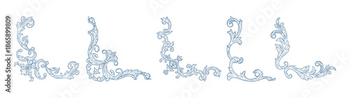 Elegant floral Baroque corners in blue tones. Hand-drawn minimalist line art vector design with elegant and royal ornaments . Perfect for invitations, wedding monogram, logos, and classic prints